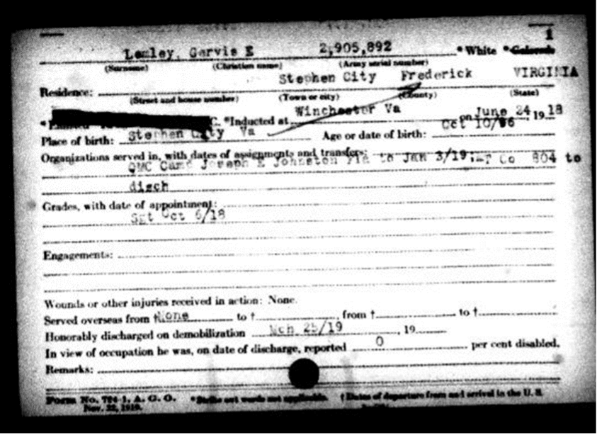 Gervis Lemley’s Discharge Card. Image courtesy of the Library of Virginia.