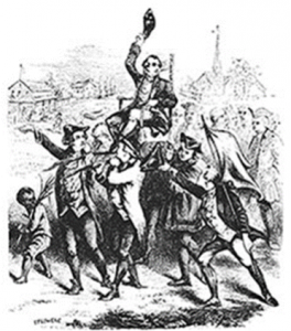 Local politician James Wood being paraded through Winchester after an election, July 1758. Image courtesy of the Handley Library Collection, Stewart Bell, Jr. Archives Room, Handley Regional Library, Winchester, VA.